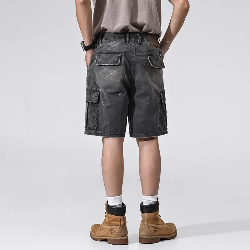 

JXN2051 Summer new splash ink work shorts men loose splicing cotton straight five trousers American casual