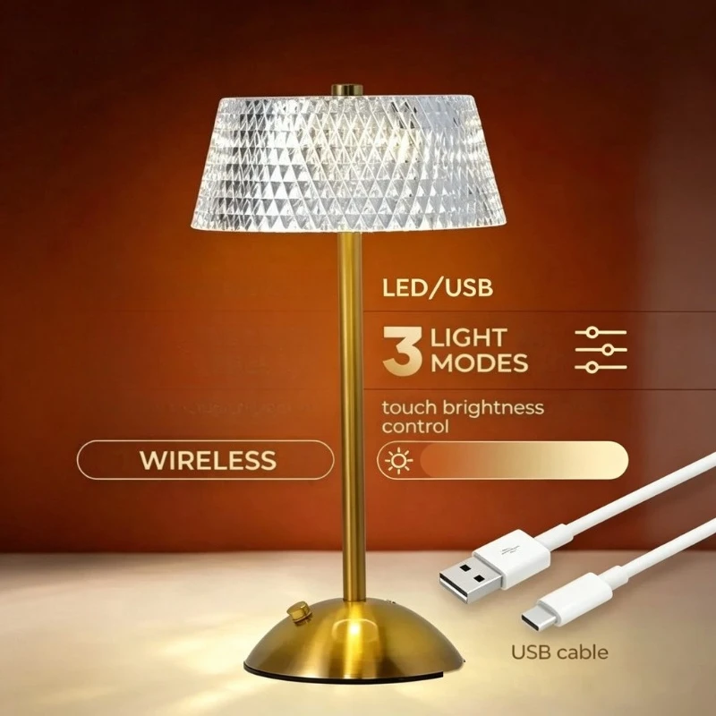 Retro Diamond Glass Table Lamp USB Rechargeable LED Bar Desk Lamp Eye Protection Night Light Bedroom Hotel Office Wedding Decor