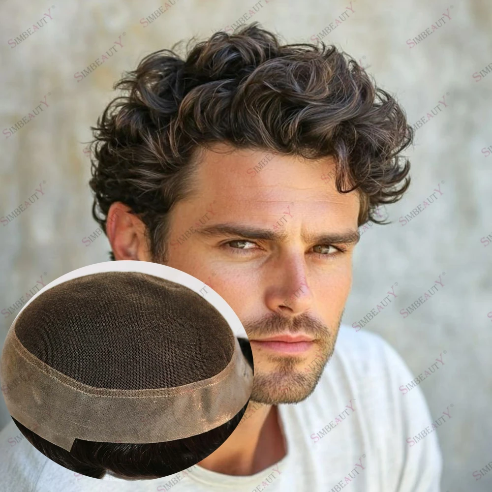 Breathable Long Last Human Hair Black Man Toupee Natural Hairline Australian Swiss Lace&PU Around Hair Prosthesis Wig 1B30 1B40