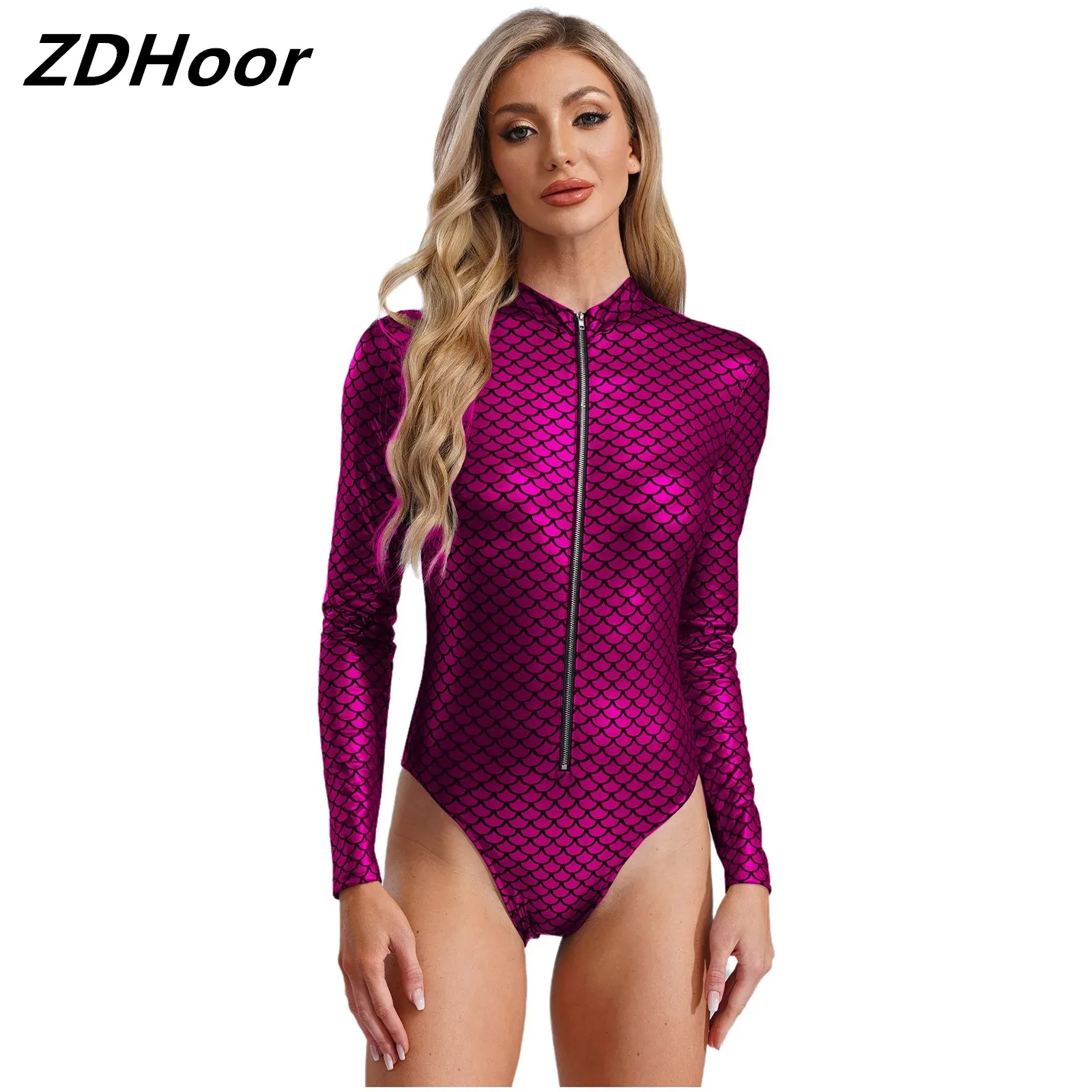 

Women One Piece Swimsuit Mock Neck Long Sleeve Leotard Swimsuit Fish Scales Mermaid Swimwear Swimming Pool Party Beach