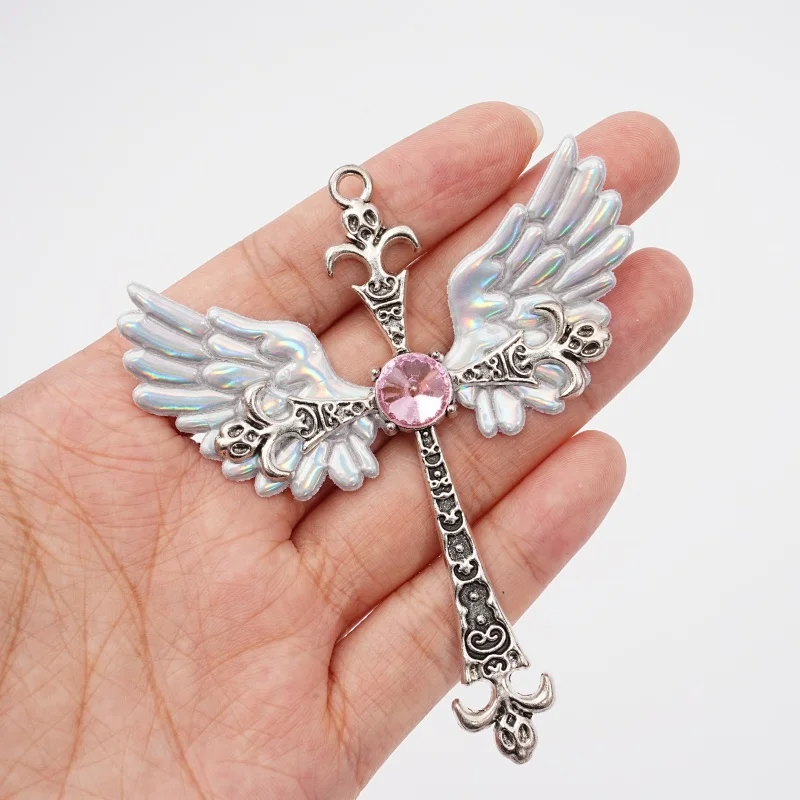 1Pc Y2K Rainbow White Angel Wing Cross Pendant with Pink Rhinestone Alloy Pendant Jewelry Manufacturing Accessories