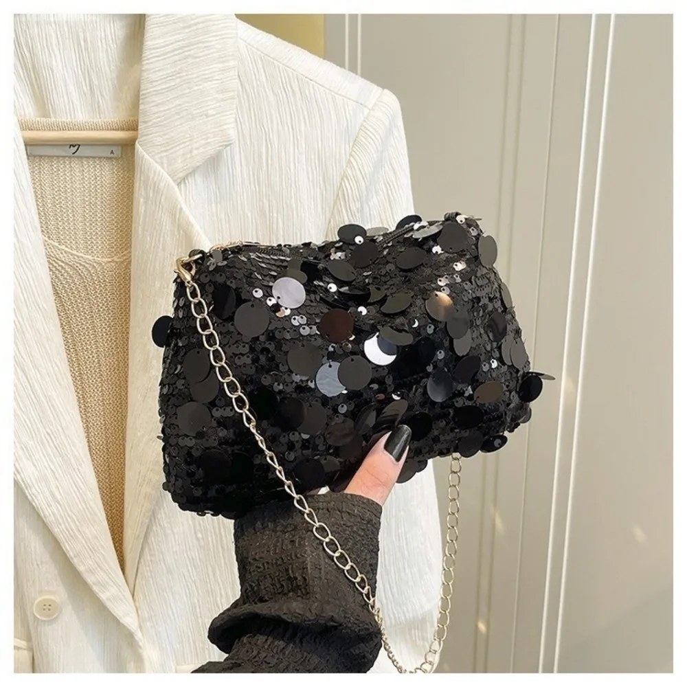 Casual Sequin Shoulder Bag Large Capacity Lightweight Chain Crossbody Bag Solid Color Female Handbag For Evening Party