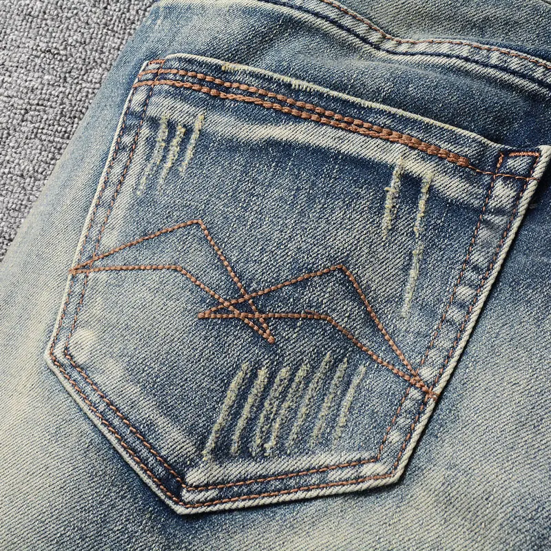 Italian Style Fashion Men Jeans High Quality Retro Blue Stretch Slim Fit Ripped Jeans Men Vintage Designer Denim Pants Hombre