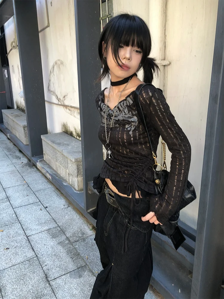 

Y2K Punk Spliced Lace Trim fiti Hollow out Print Knitted Long Sve Top Women's Faion Spring Casual Abstract Pattern