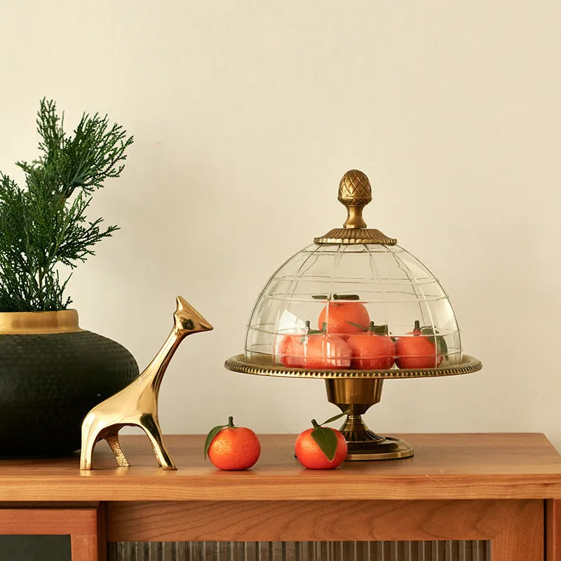 HYS French court-clad ancient brass double-layer dessert tray, European-style dining room glass-covered cake display tray