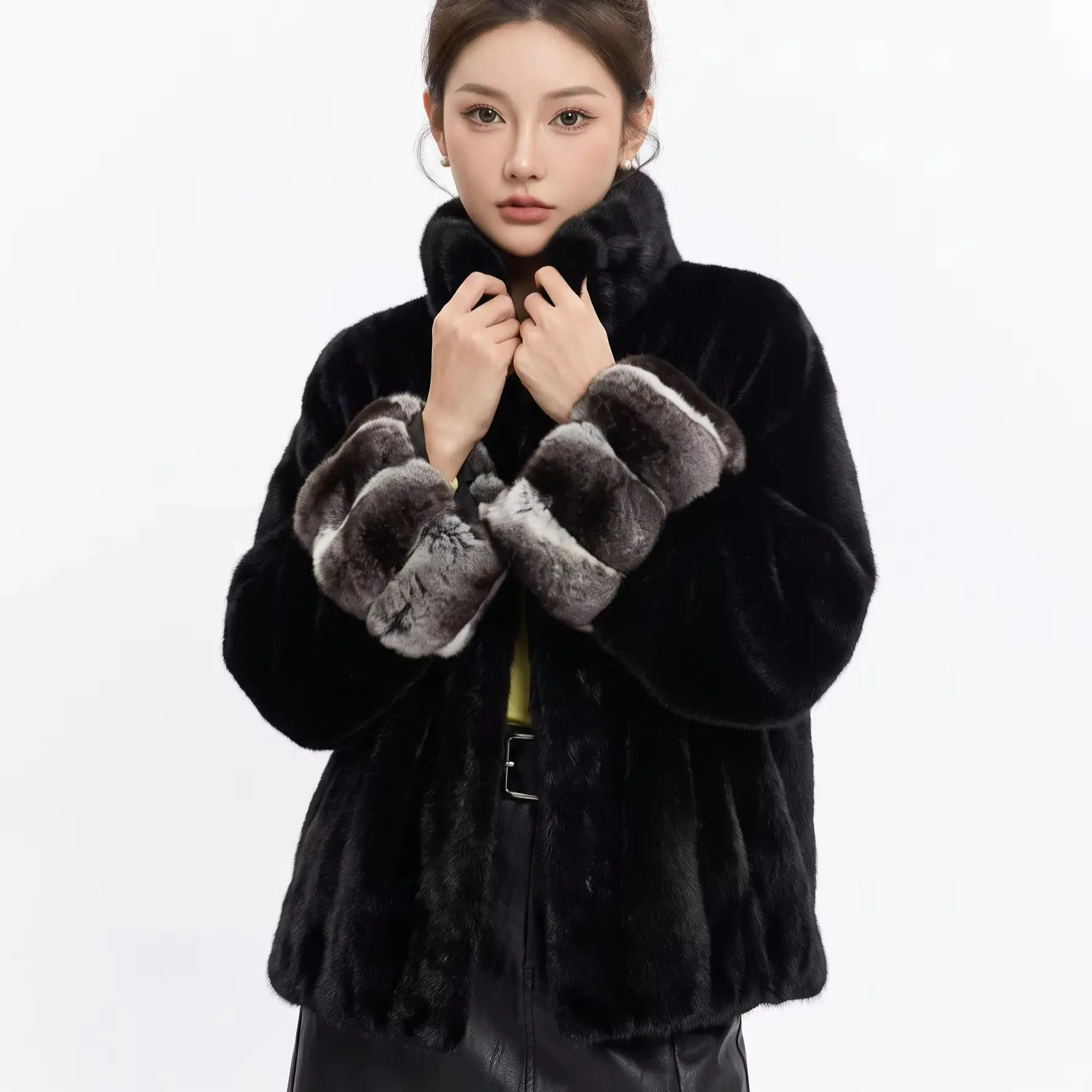 Trendy Winter Women Stand Collar Shaggy Black Faux Mink Fur Coat Contrast Color Cuff Long Sleeve Loose Oversized Outerwear