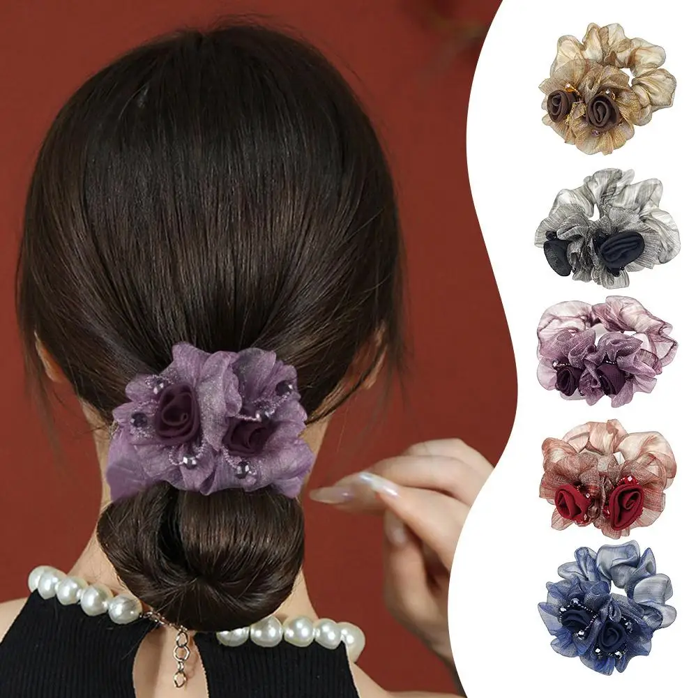 

Summer Korean Flower Hair Tie Sweet Colon Hair Scrunchies Hair Fashion Rubber Gauze Hair Flower Net Band Accessories Headwe P8A2