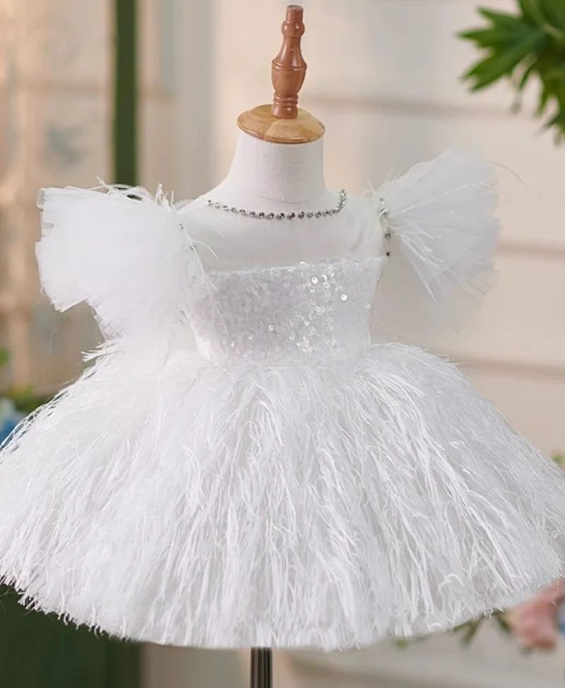 Vestido de casamento Shiny Feather Bow Tutu, vestido branco de princesa, vestidos infantis, Baby Birthday Party Dress, Crianças, Luxo, 2024