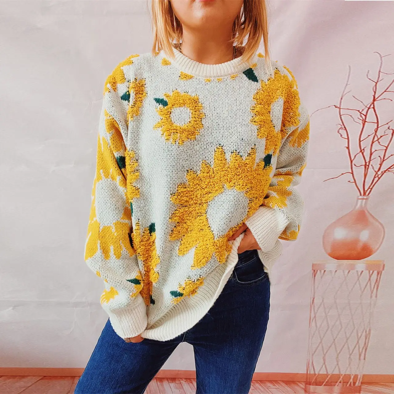 

2025 Autumn/Winter New Style Crop Top with Sunflower Plaid Round Neck Pullover Sweater