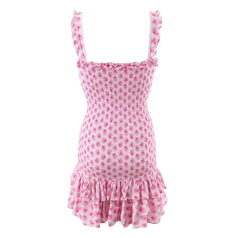 Keyanketian-Vestido feminino deslizante floral elástico, estilo pastoral retrô, babados em camadas, mini vestido agárico skintight, novo lançamento, 2022