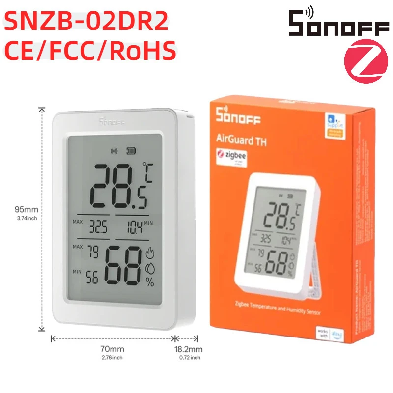 

SONOFF SNZB-02DR2 AirGuard TH, 3.6" LCD Zigbee Temperature Humidity Sensor, Smart App Monitor for Home Bedroom Office Greenhouse