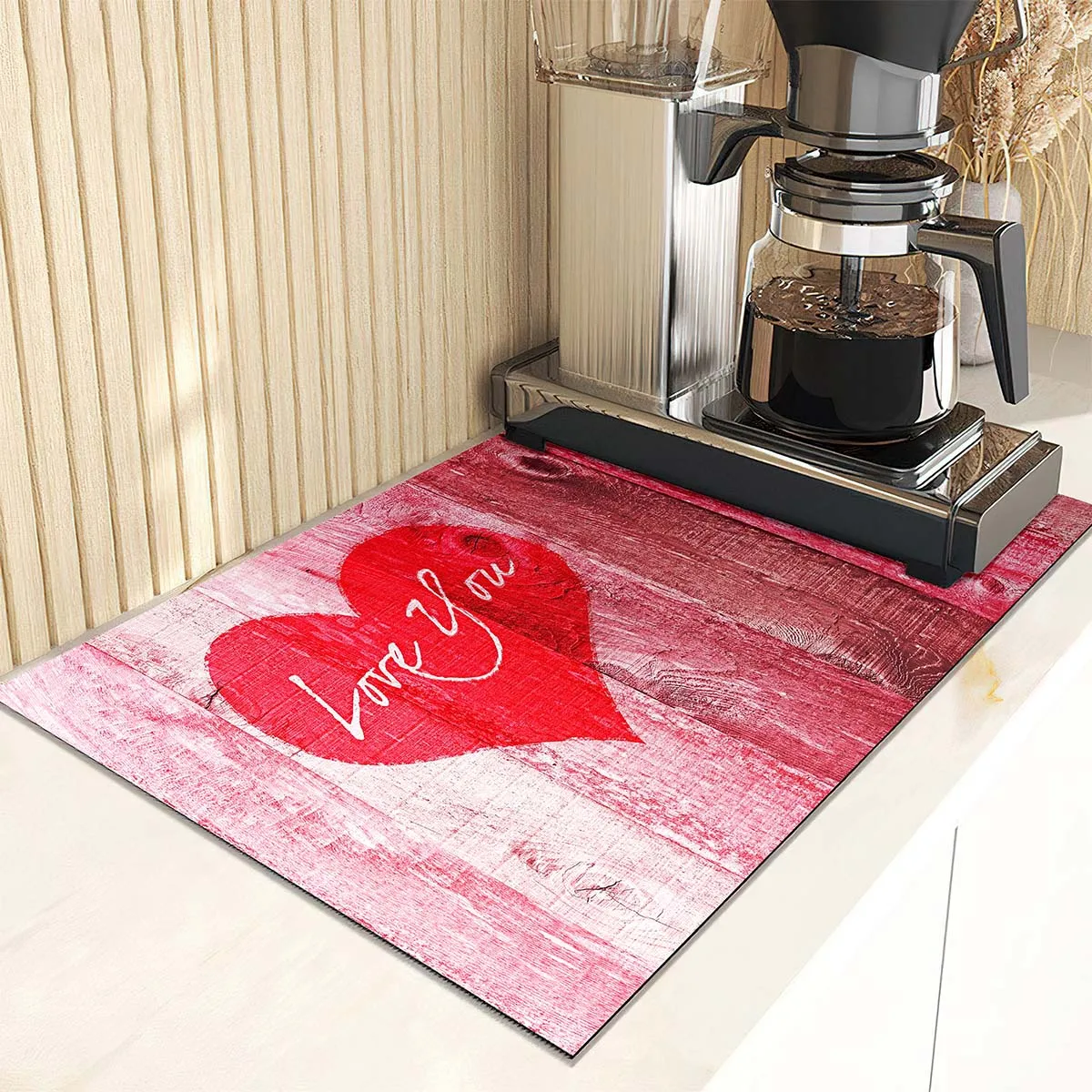 Red Heart Valentine's Day Drain Pad Super Absorbent Dish Drying Mat Non-Slip Anti-mildew Counter Top Mat Sink Dish Draining Rug