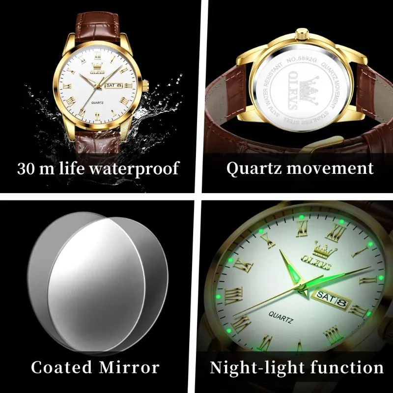 OLEVS Couple Watches Simple Fashion Quartz Watch Leather Strap Week Date Waterproof Luminous Lover Wristwatch for Men Women