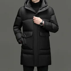 Winter new men's high-end thickened white duck down casual fashion hooded long solid color down jacket