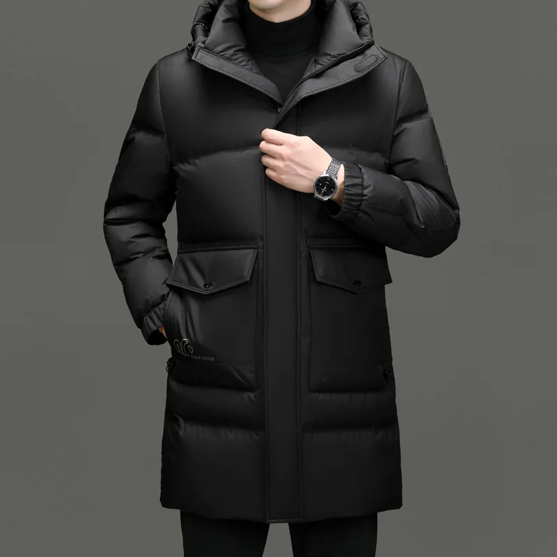 Winter new high-end down jacket for men, medium length hooded, thickened fashionable casual coat, youth warm top