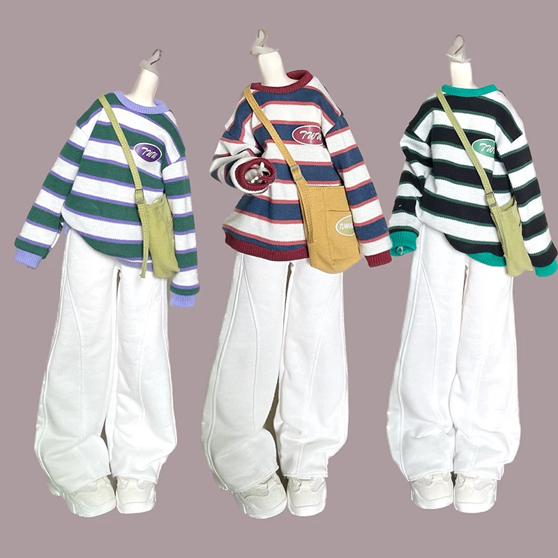 New (1/4 BJD Doll Clothes) Striped Sweater Round Neck Hoodie White Sports Wide Leg Pants Crossbody Bag for 1/4 SD MSD Dolls