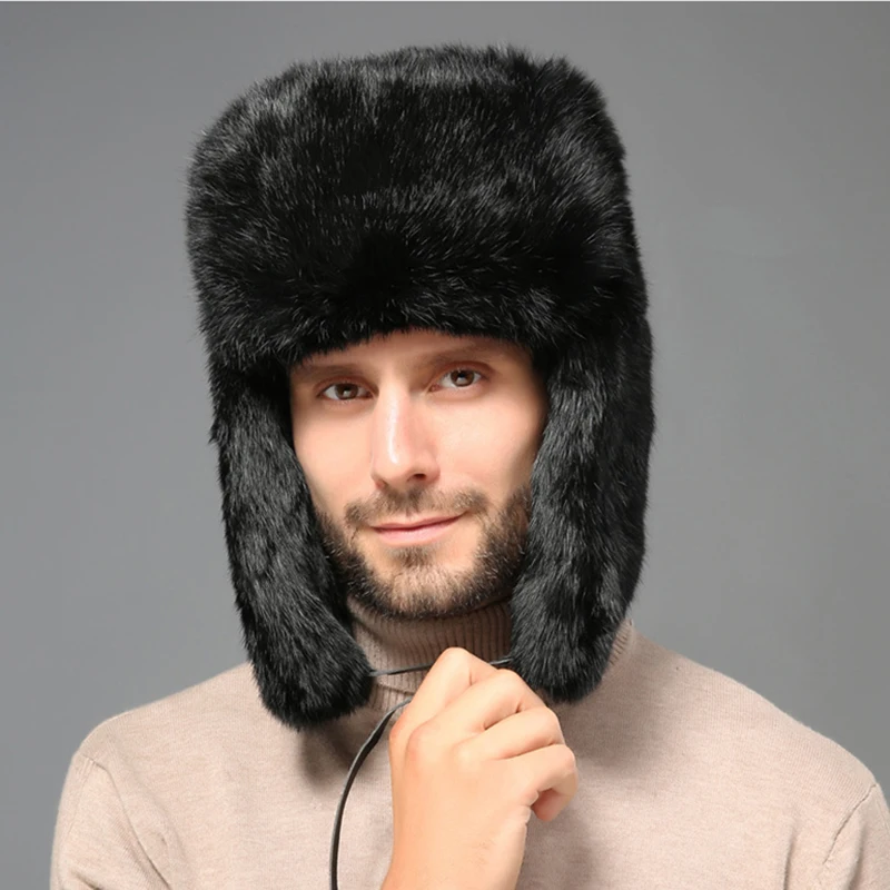 Gorro de bombardero grueso y cálido para hombre, gorra rusa con orejeras de piel de conejo Real, de talla grande, para invierno