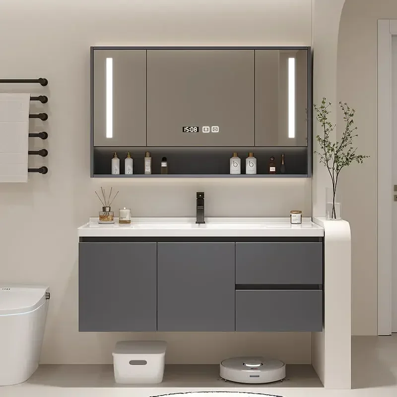 Simple Bathroom Vanity Cabinet with Ceramic Sink Modern White Storage Unit with Soft-Close Drawers Water-Resistant Wood Base