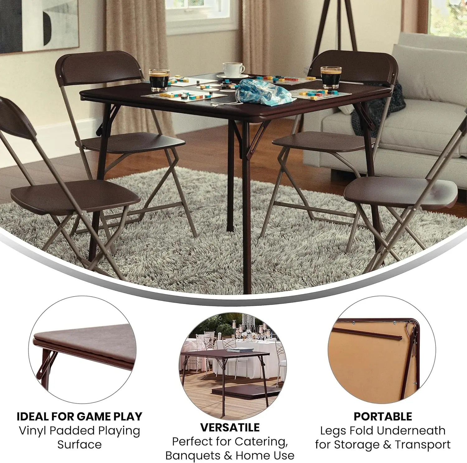 33.5" Square Folding Card Table with Padded Vinyl Top, Portable Game Table for 4 Players, Brown