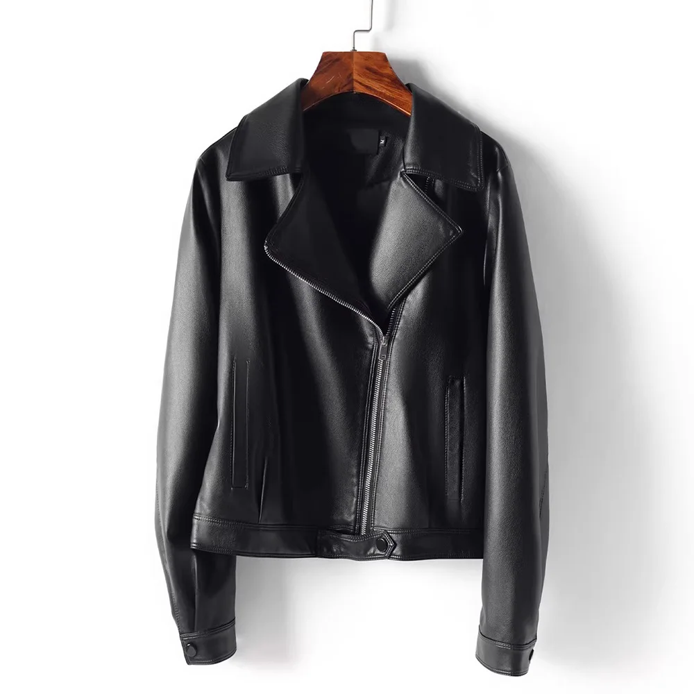 New Women Split Leather Short Coat Spring Autumn Fashion Turn-down Collar Long Sleeve Leather Jacket Simplicity Sweet Jacket view 5