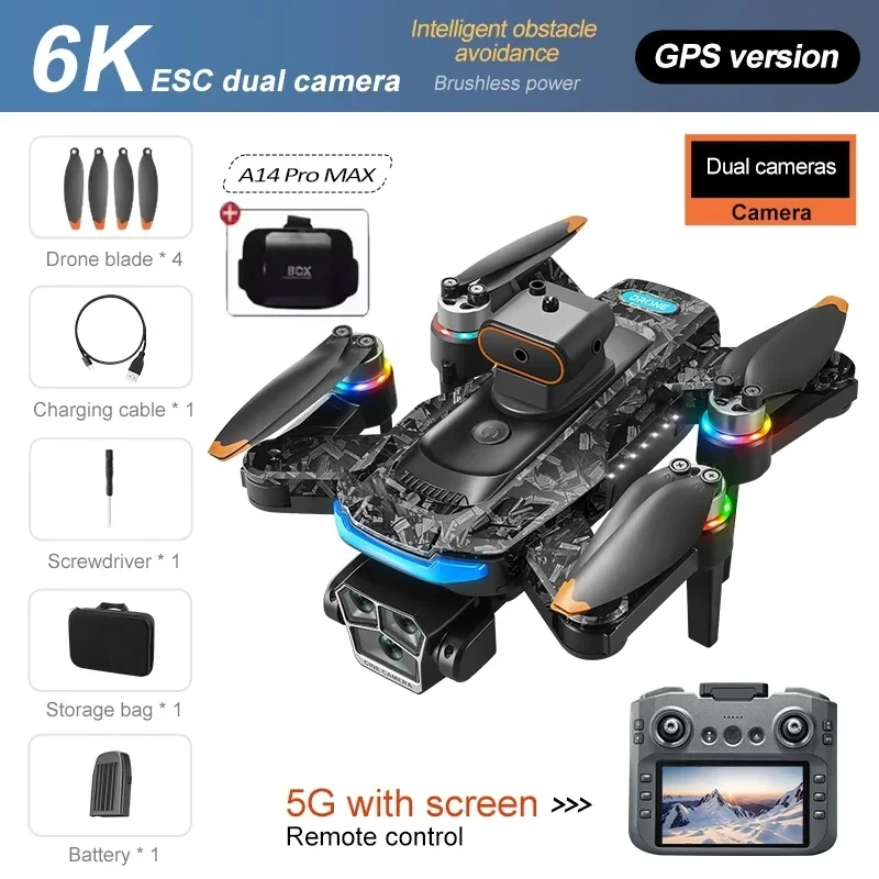 A14Pro Max Drone 8K HD Drie Camera's GPS Borstelloze Optische Flow Obstakelvermijding 4,5-inch groot scherm UAV RC 18000M