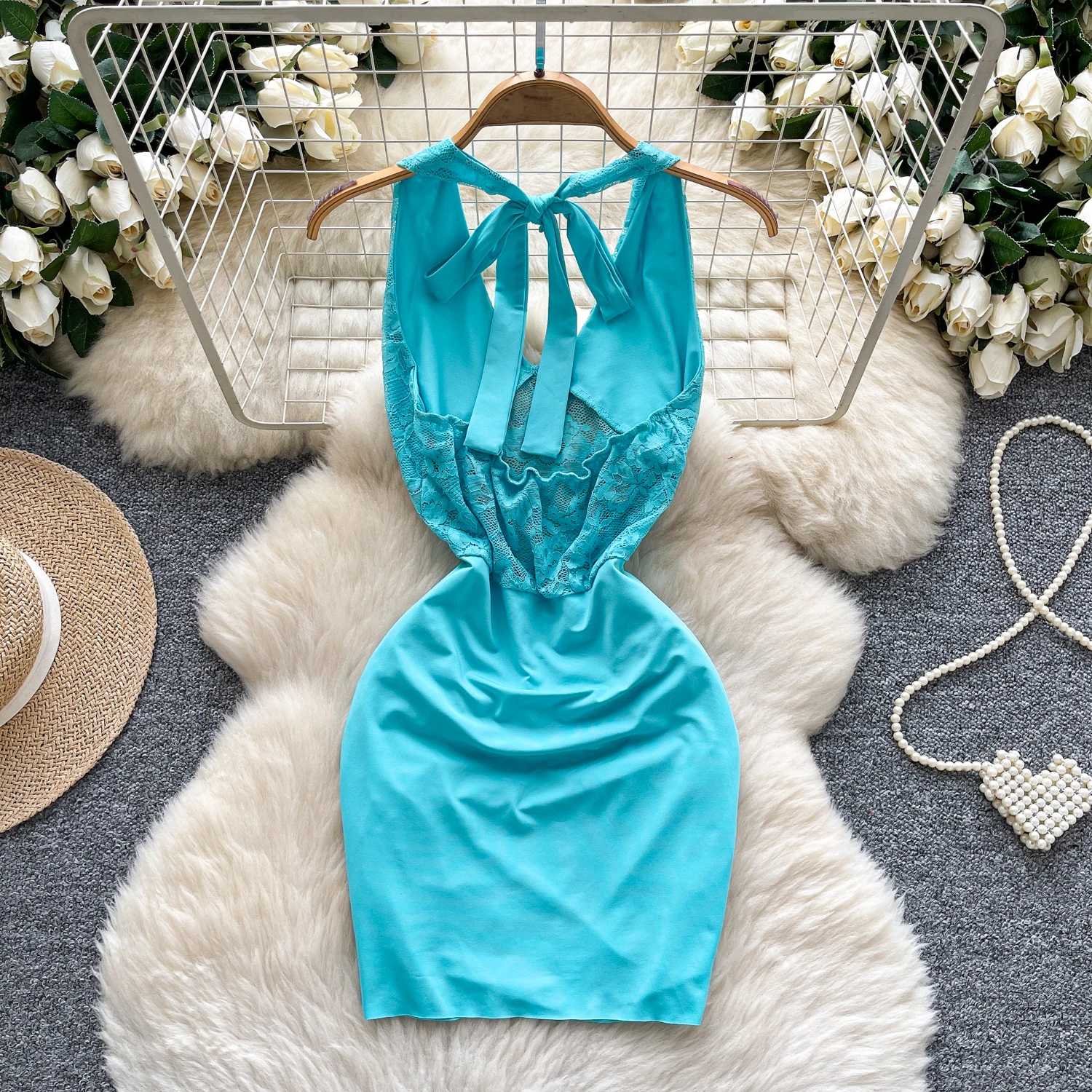 Sexy sem costas emendado renda cintura alta vestido plissado vestidos de verão feminino festa à noite mini vestido