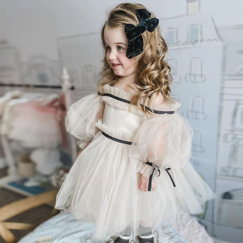 

Spanish Baby Girls Gauze Dress One-Shoulder Tulle Tutu Gown Elegant Flower Girl Wedding Outfits Kids Party Dresses Vestido