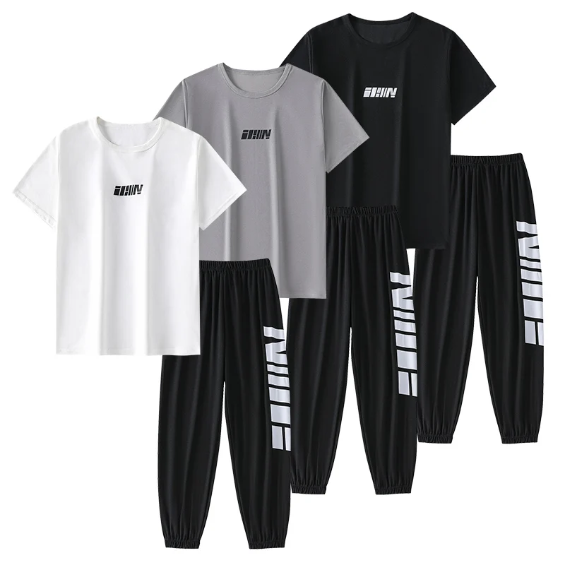 2-pcs Summer Youth Fashion Letter Set 13-16 Year Old Boys and Girls Simple and Versatile Letter Short Sleeve T-shirt Black Pants