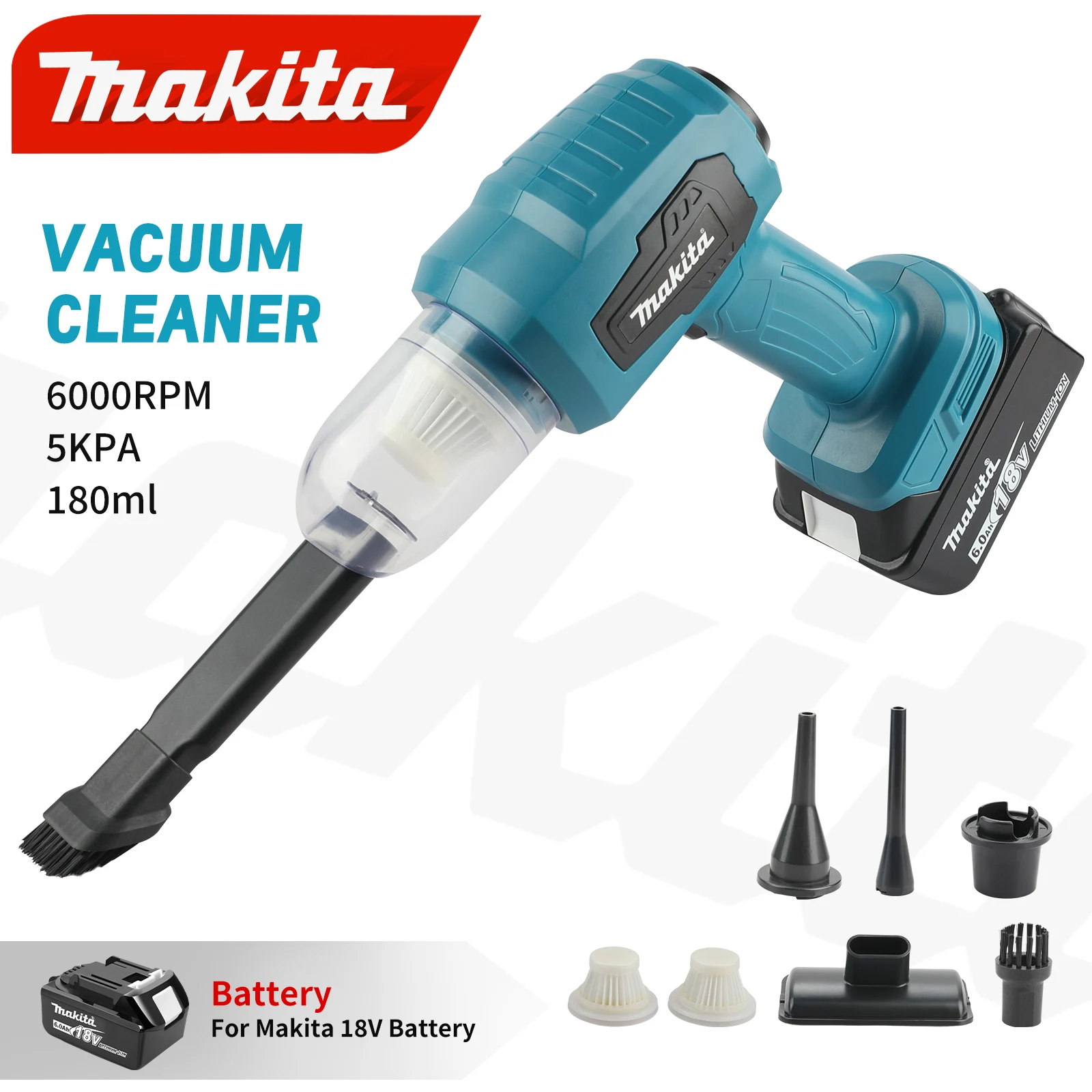 

Беспроводной пылесос Makita 18 В: 200 Вт, 10000 Па, емкость 180 мл, 7 насадок, для эффективных средств для чистки автомобилей и спичного пространства