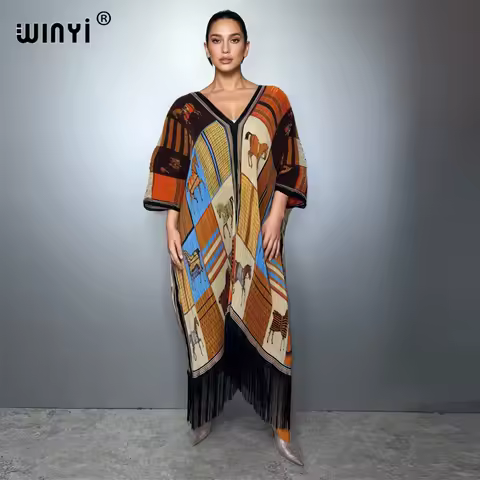 WINYI Africa tassel Pleated loose dress boho beach Cover-up muslim fashion kaftan abaya dubai luxury holiday evening dress