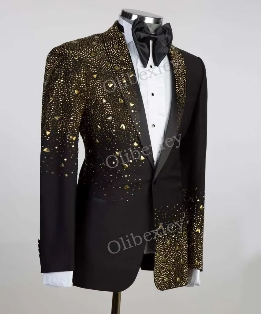 

Luxury High Quality Men's Suits 2 Pieces Sets Beaded Crystals One Button Slim Fit Tuxedos Wedding Groom Business Dinner Prom