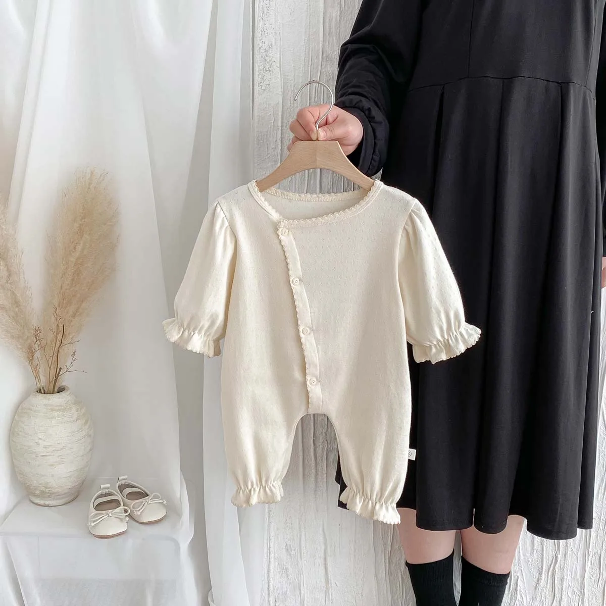 جمبسوت بناتي بأكمام طويلة مزهر ، فستان قطني للأطفال ، فستان كاجوال لطيف ، ربيعي وخريفي ، على الطراز الكوري