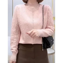 Korean Women's AutumnWinter 2024 New Spliced Half High Collar Printed Rivet Fashion Solid Color Loose Long Sleeve Knitted Tops