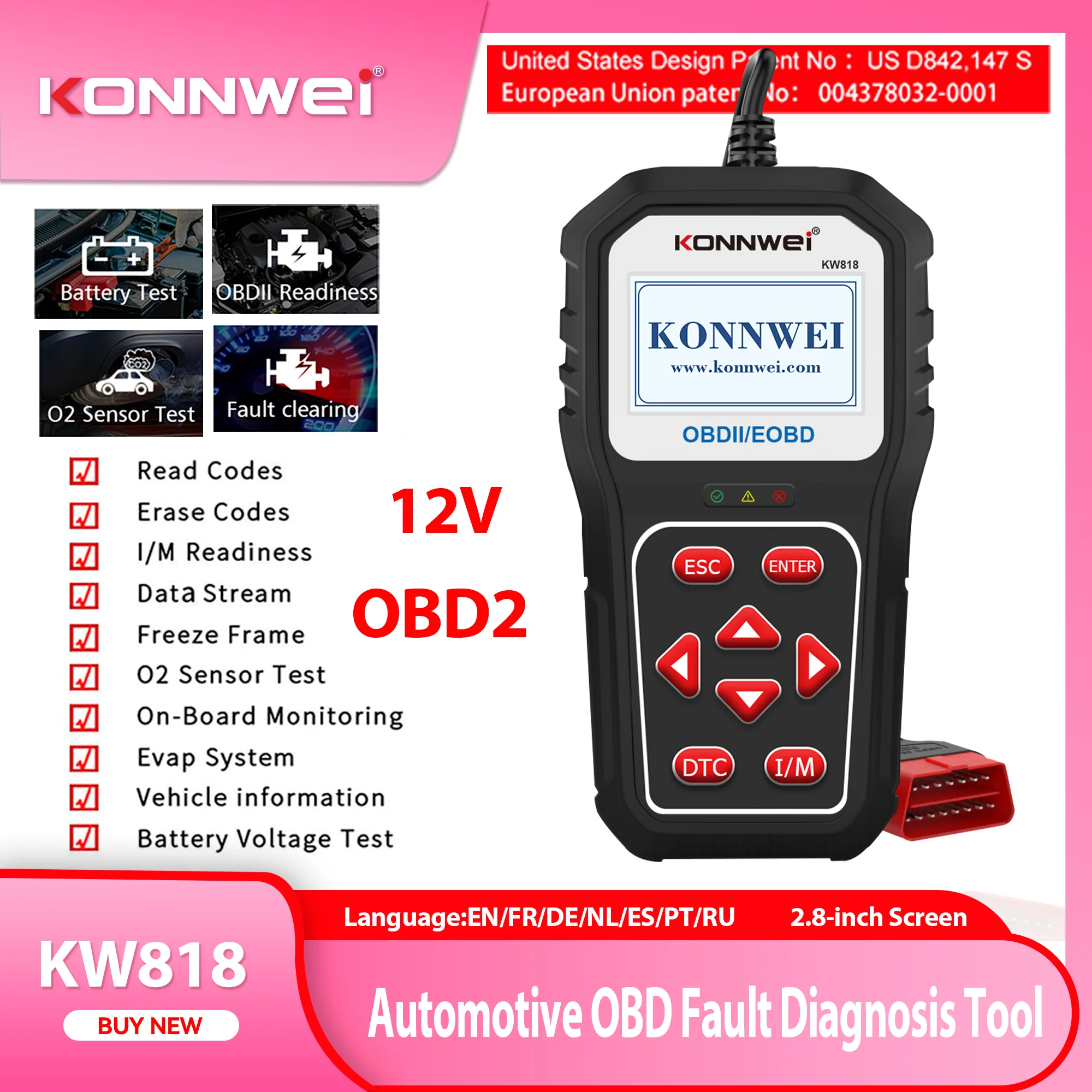 2026 KONNWEI KW818 Car OBD2 Scanner 12V Fault Code Reader Engine Fault Light Diagnosis Professional OBDBattery Voltage Test Tool