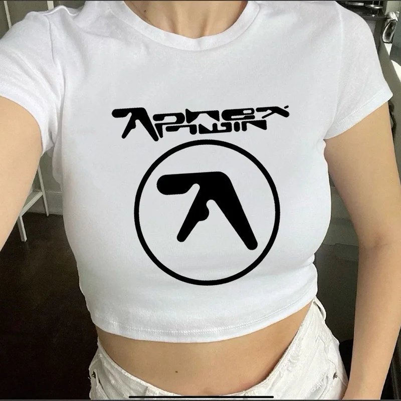 Women Tshirt Aphex Twin Crop Top Sexy Slim Streetwear Harajuku Y2k Summer Kawaii Graphic Shore Sleeve Tee Korean Popular Clothes