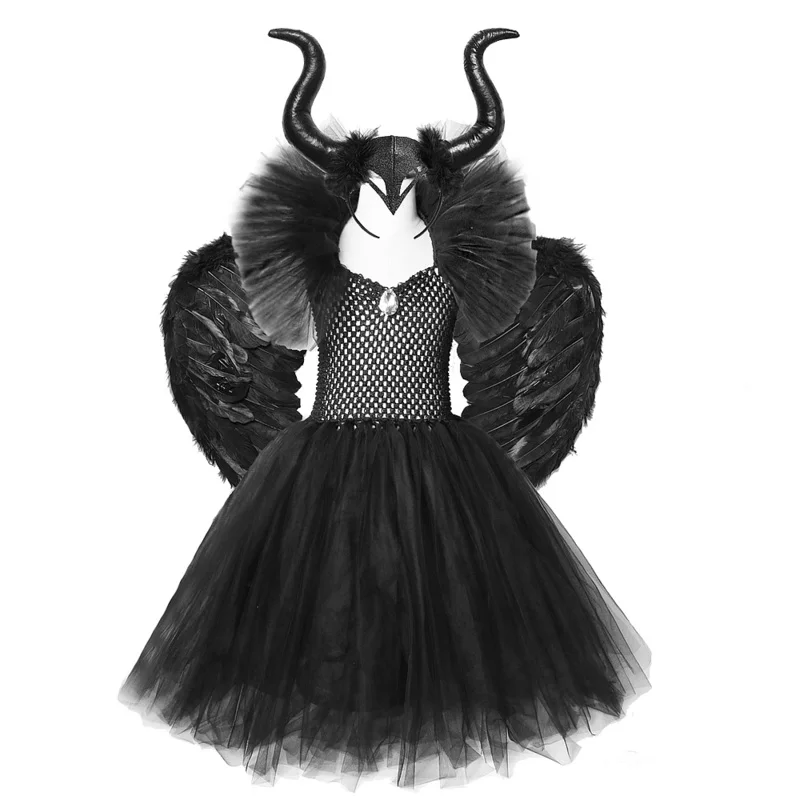 Disfraces de Halloween de maléfica para niñas y niños, Vestido largo de tutú de bruja, vestido de baile de tobillo, traje de Cosplay de diablo con alas de cuernos, color negro sólido
