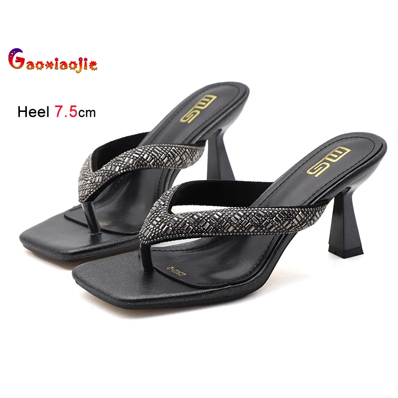 Zomer Slippers Sandalen Mode Outdoor Losse Teen Sandalen Effen Kleur Vierkante Kop Strass Decoratie Casual Hoge Hak Schoenen