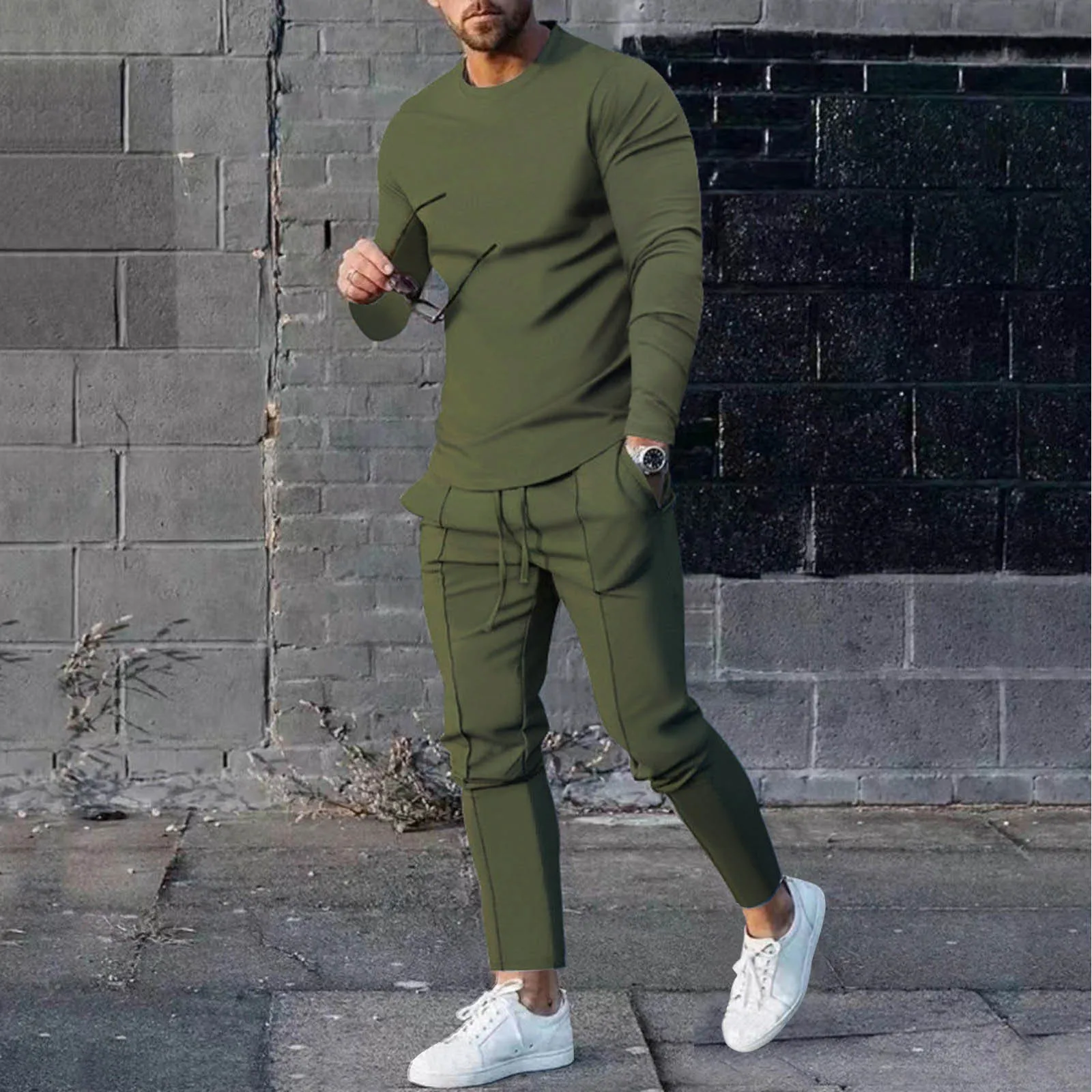 Solid Color Men\'s 2 Piece Set Spring Autumn Long Sleeve O-Neck T-Shirts+Long Pant Sets Male Plus Size Sport Casual Trouser Suits