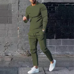 Solid Color Men's 2 Piece Set Spring Autumn Long Sleeve O-Neck T-Shirts+Long Pant Sets Male Plus Size Sport Casual Trouser Suits