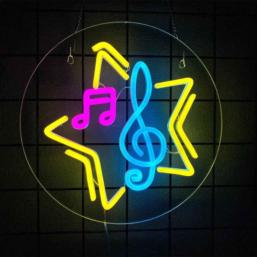 Neonschild zur Musiknotation, Musikkunst, Wand, fünfzackiger Stern, LED-Logo, Nachtlicht, USB-Stromversorgung, Bar, Musikraumdekoration.