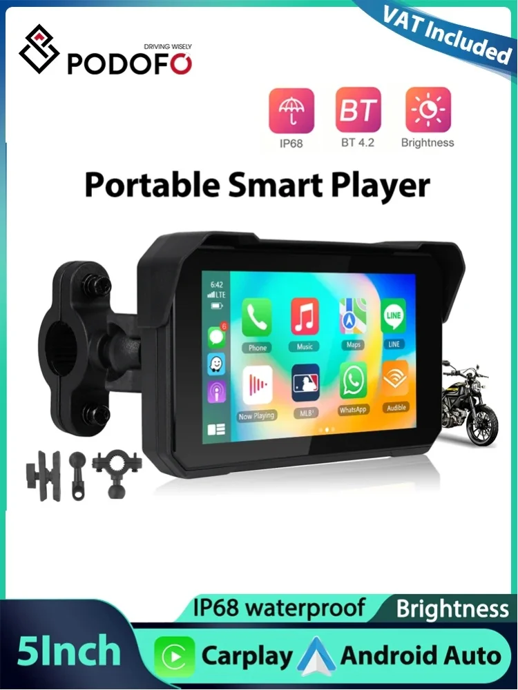 Podofo 5'' IPS Ekran Samochodowy/Motocyklowy z CarPlay i Android Auto, Monitorowanie Ciśnienia w Oponach, Wodoodporność IP68, Bluetooth, Regulacja Jasności — 2