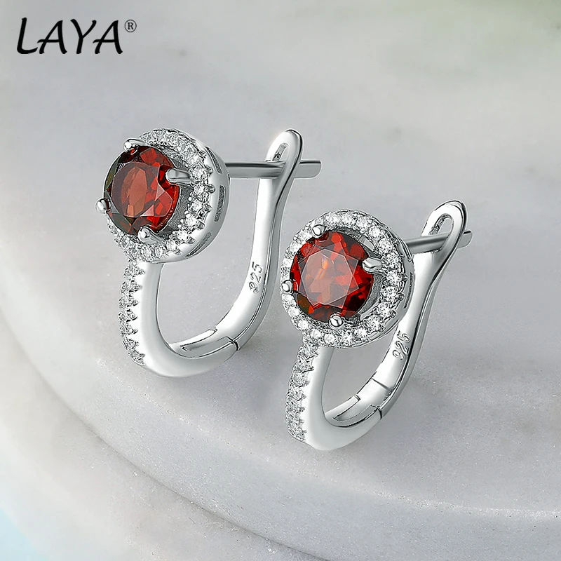 LAYA 100% 925 Sterling Silver Round Brilliant Cut Gemstone Natural Amethyst Earrings For Women Wedding Engagement Fine Jewelry