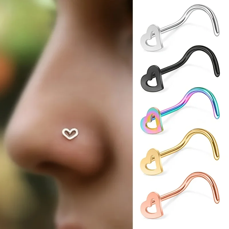 5pcs Hollow Heart Nose Stud Set for Women, Stainless Steel Nose Ring Nostril Piercing Nariz Pin Screw Body Jewelry