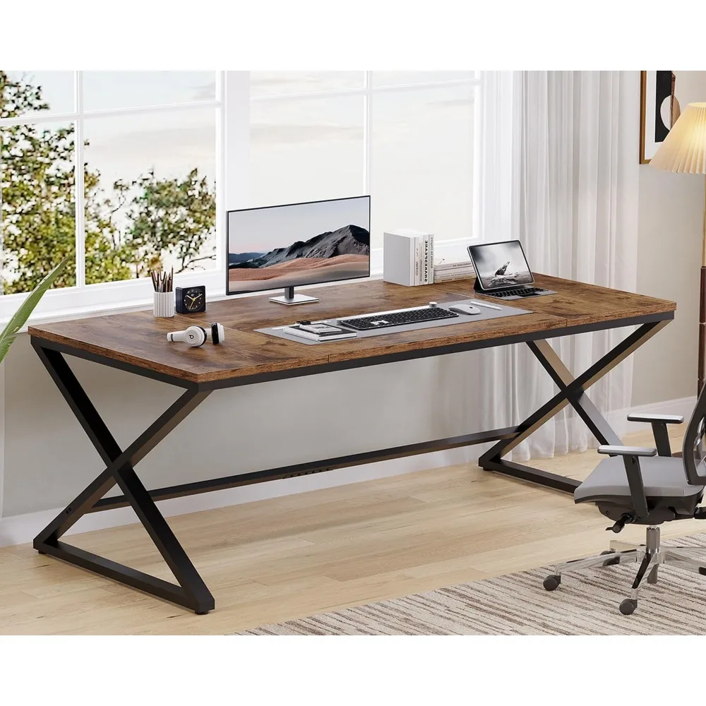 

Rustic Large Home Office Desk, 70.8" Long and Wide Computer Desk, Wood Metal Work Desk for Study Writing Gaming, Farmhouse Dual