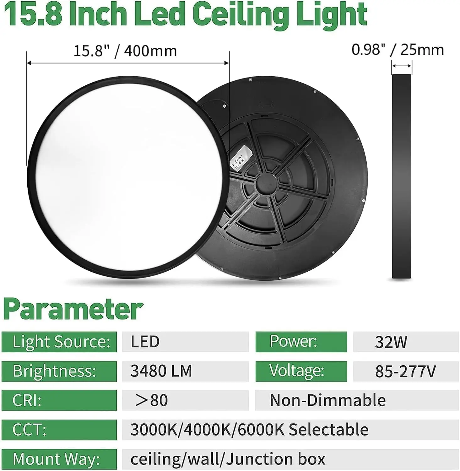 Black LED Flush Mount Luz de teto, Round Flat Panel Light, Cct selecionável, 32W, 3480Lm, 3000K, 4000K, 6000K, 15,8 ", Baixo