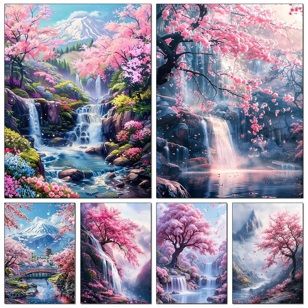 Cherry Blossom Waterfall Diamond Painting 5D Full pintura diamantes Fuji Landscape DIY Mosaic Embroidery Art Home Decor