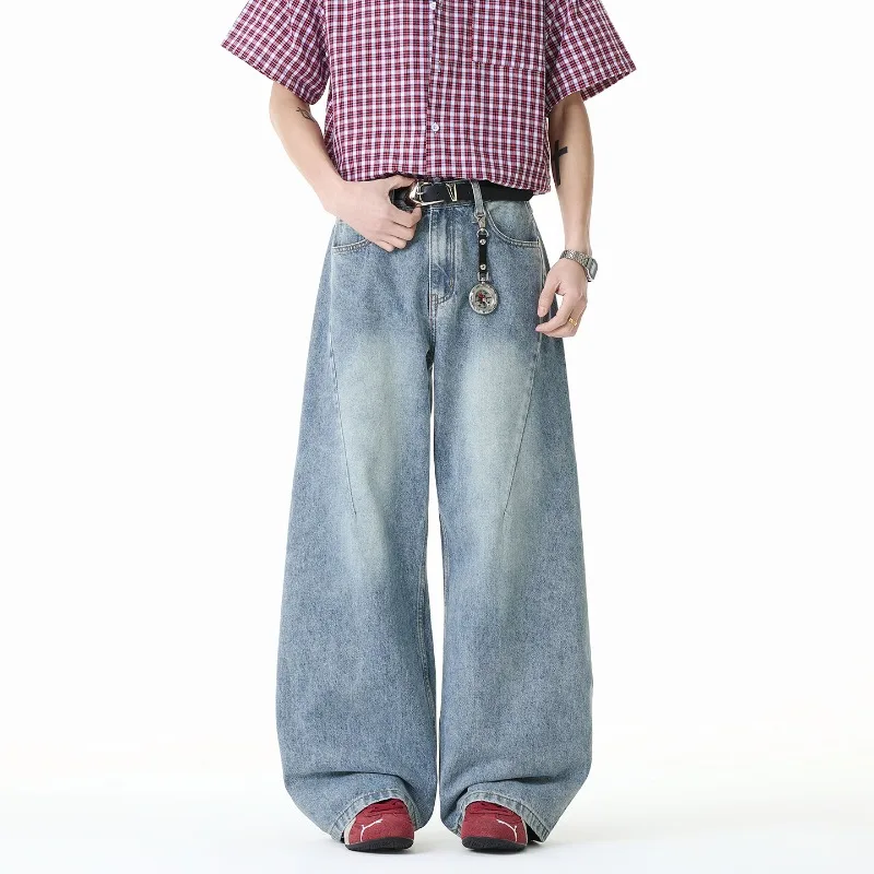 

American Style Niche Design Deconstructed Men's Jeans High Street Wide Leg Washed Distressed Denim Long Pants