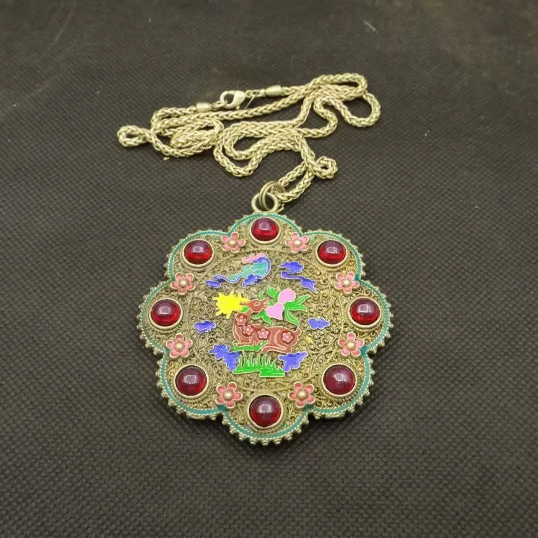 Antique collection silver cloisonne pure handmade old silver inlaid red star gemstone necklace double-sided pendant