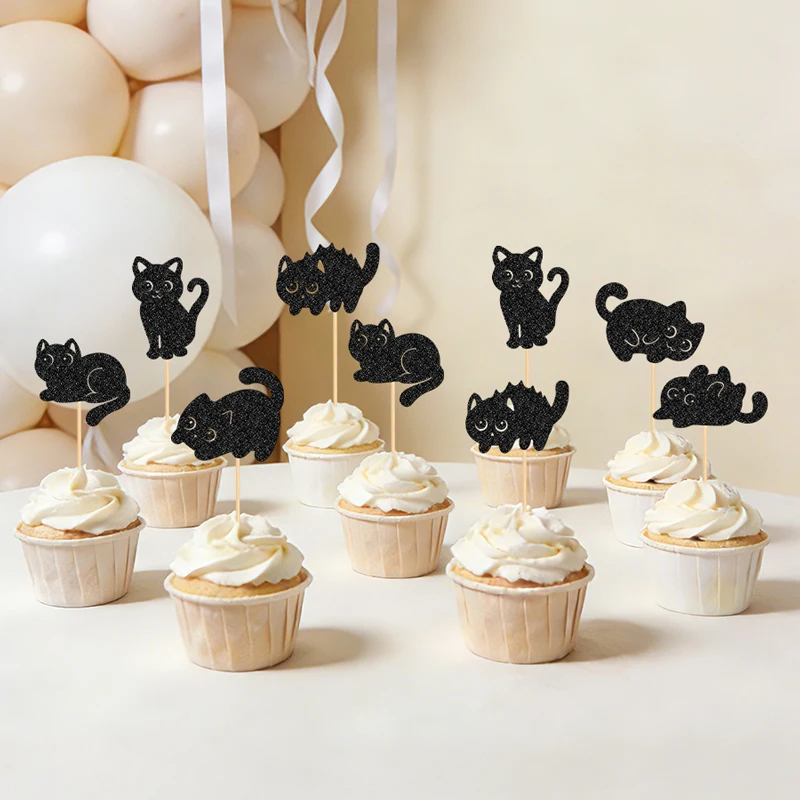 YOMDID 24 Stück Niedliche Katzen-Cupcake-Topper, Glitzernde Katzen-Kuchendekorationen für Kätzchen-Geburtstagsdekorationen, Dekoración Cumpleaños – Detail 11
