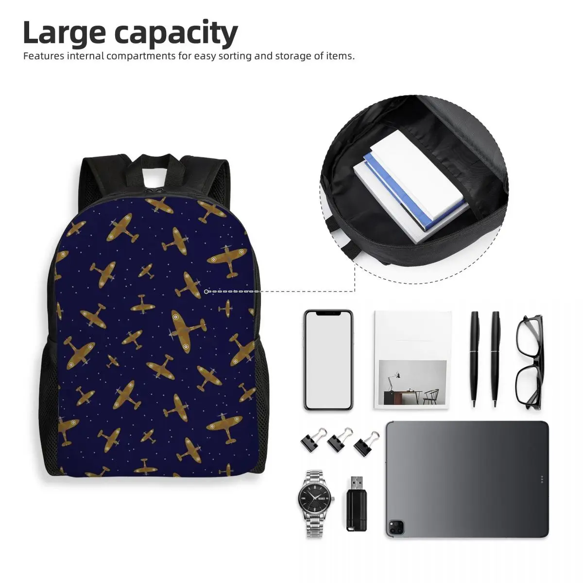 Spitfire War Planes In Flight On Navy Blue Backpack Student Boys Girls BookBag School Bag Laptop Shoulder Bags